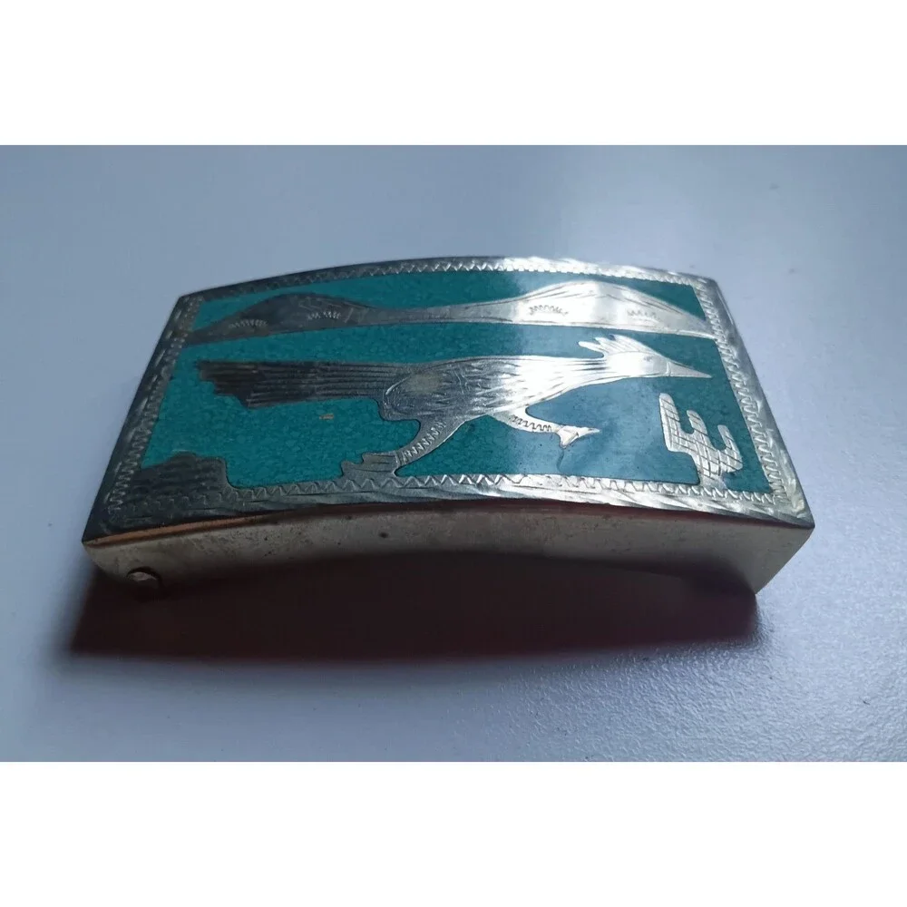 Vintage Alpaca Mexico Turquoise Chip Inlay Roadrunner Western Belt Buckle